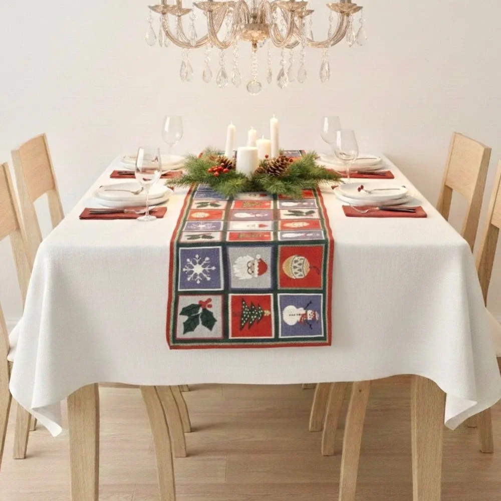 Christmas Tapestry Table Runner 72x13 Cotton Snowman Santa Holly by Holiday Home
